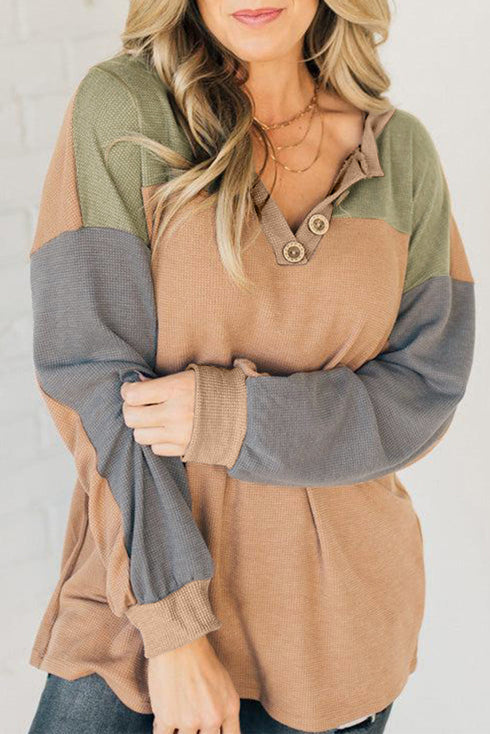 Color Block Waffle Knit Button Placket Drop Shoulder Henley Top